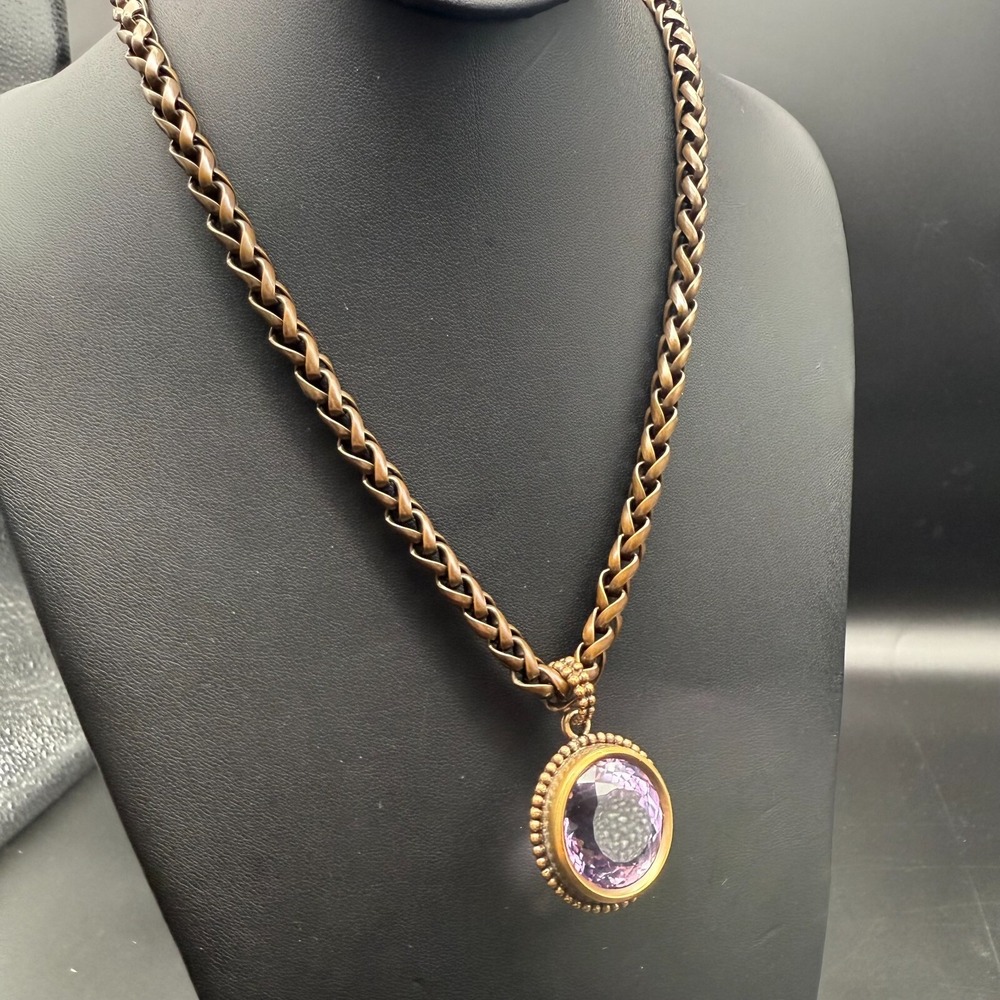 💜 Stephen Dweck‎ 1994 Signed Necklace | 30" Heavy Bronze Chain | 1.25" Amethyst